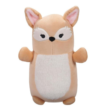 Light brown plush fox toy with white belly patch and pink ears, standing on a white background