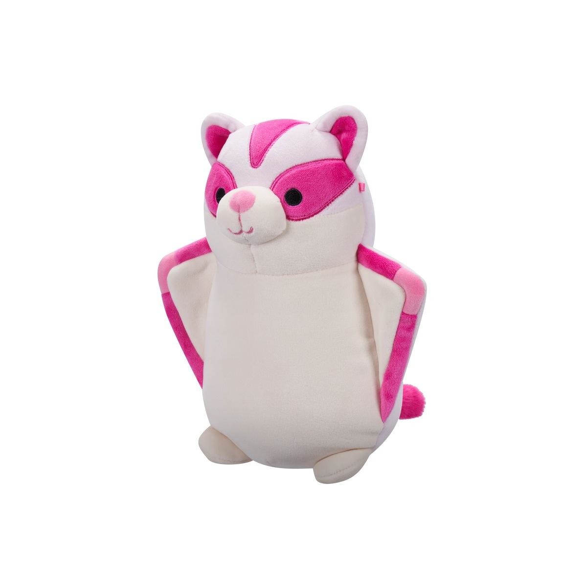 Cream and bright pink plush flying squirrel toy, featuring a pink mask pattern, standing on a white background