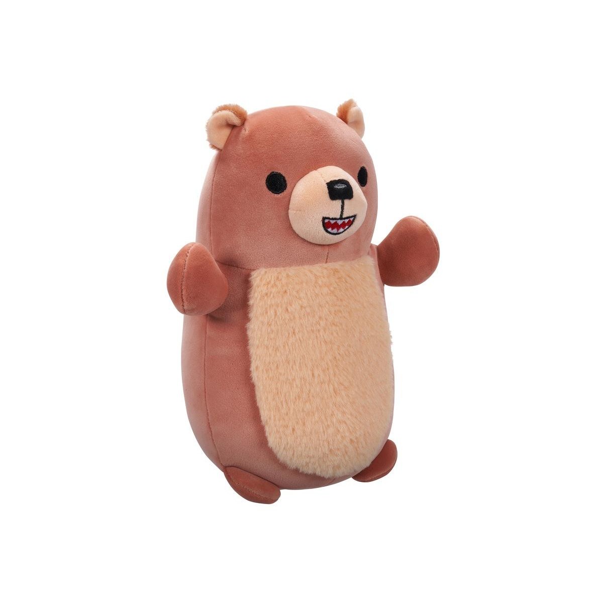 Brown cartoon bear plush toy standing upright with arms open for a hug
