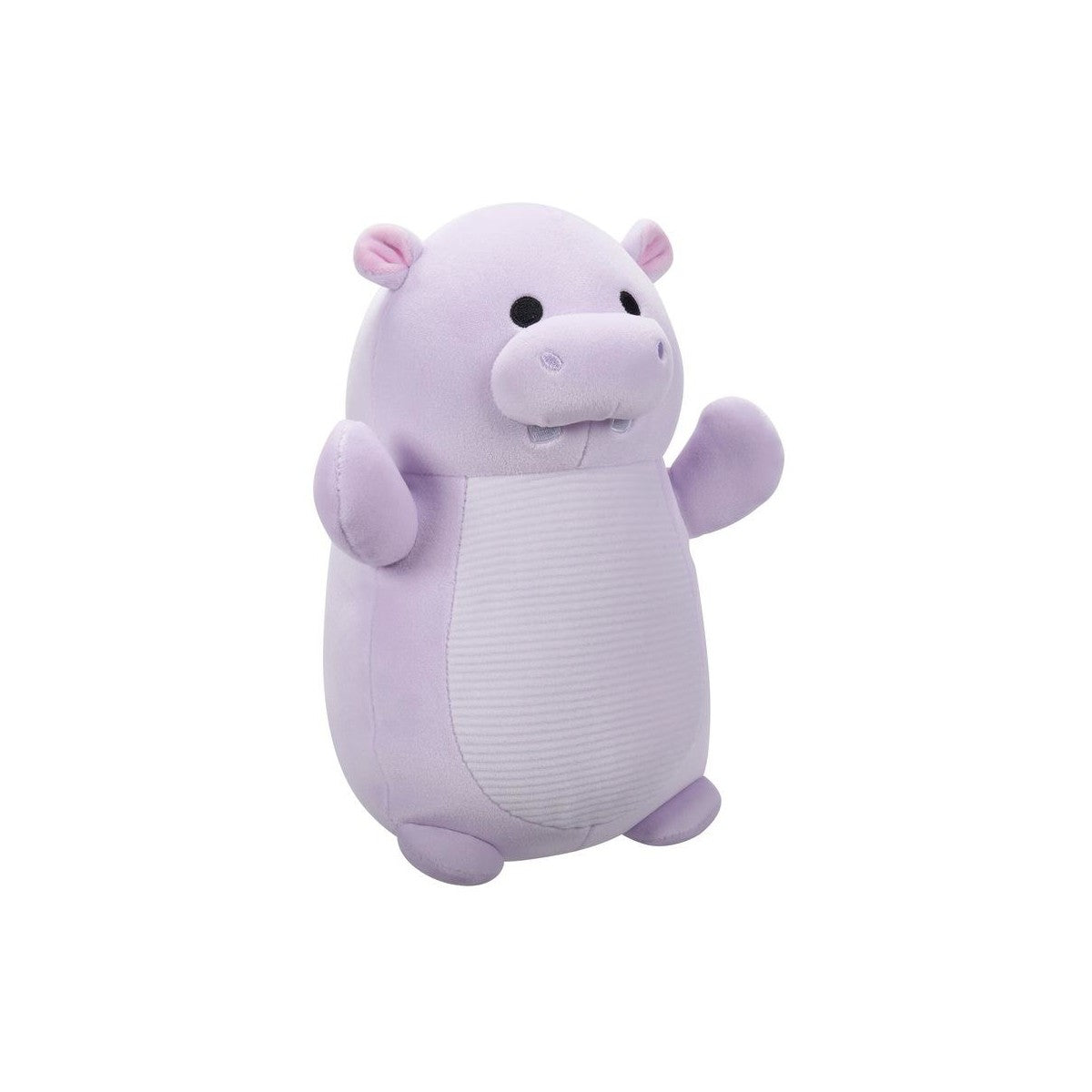 Lavender hippo plush toy standing with arms raised against a white background