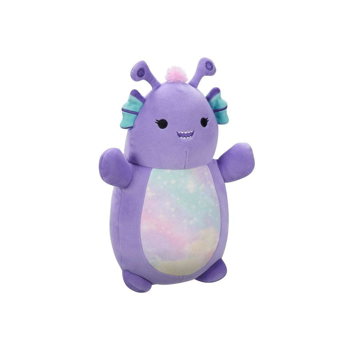 Purple alien plush with antennae, small fins and a multi-colored galaxy belly patch