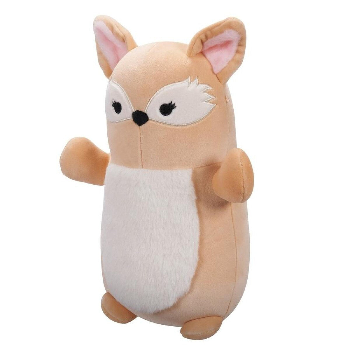Tan plush fawn-like toy with a fluffy white belly and stylized eyes