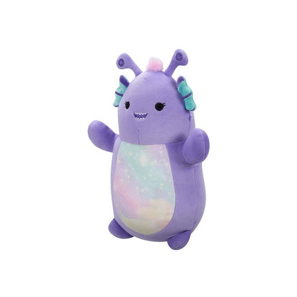 Purple plush alien toy with a pastel galaxy belly, antennae and small teal bows