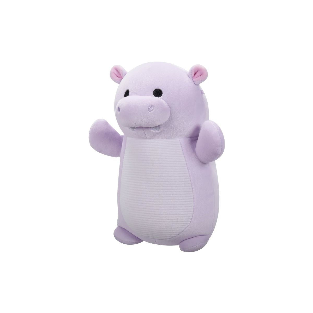 A light purple cartoon hippo plush toy standing up and waving