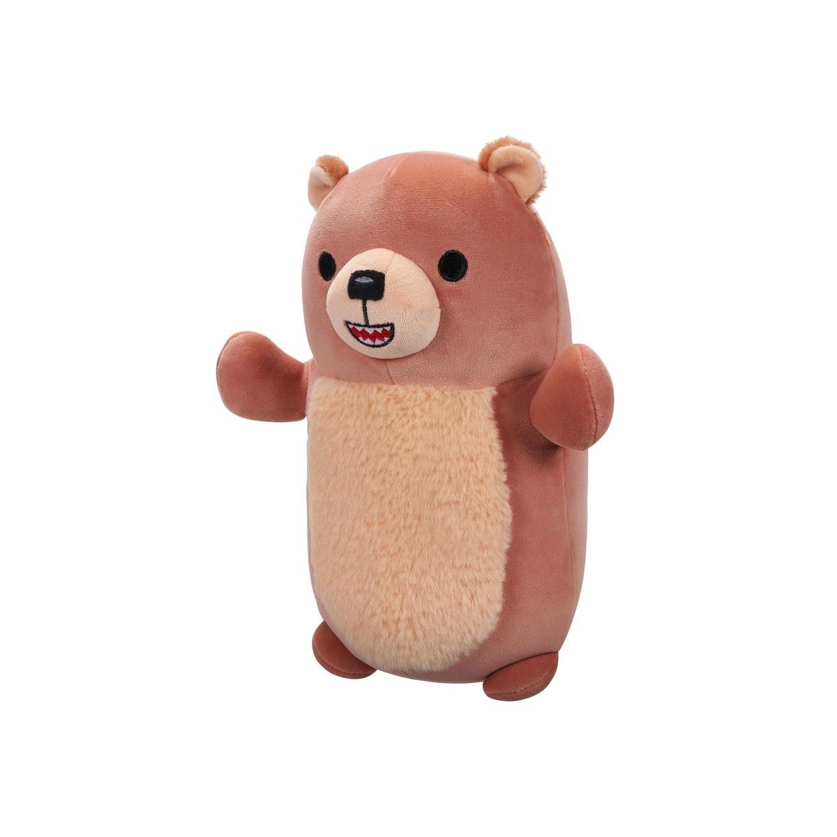 Cute brown bear plush toy standing with arms up and an open smile