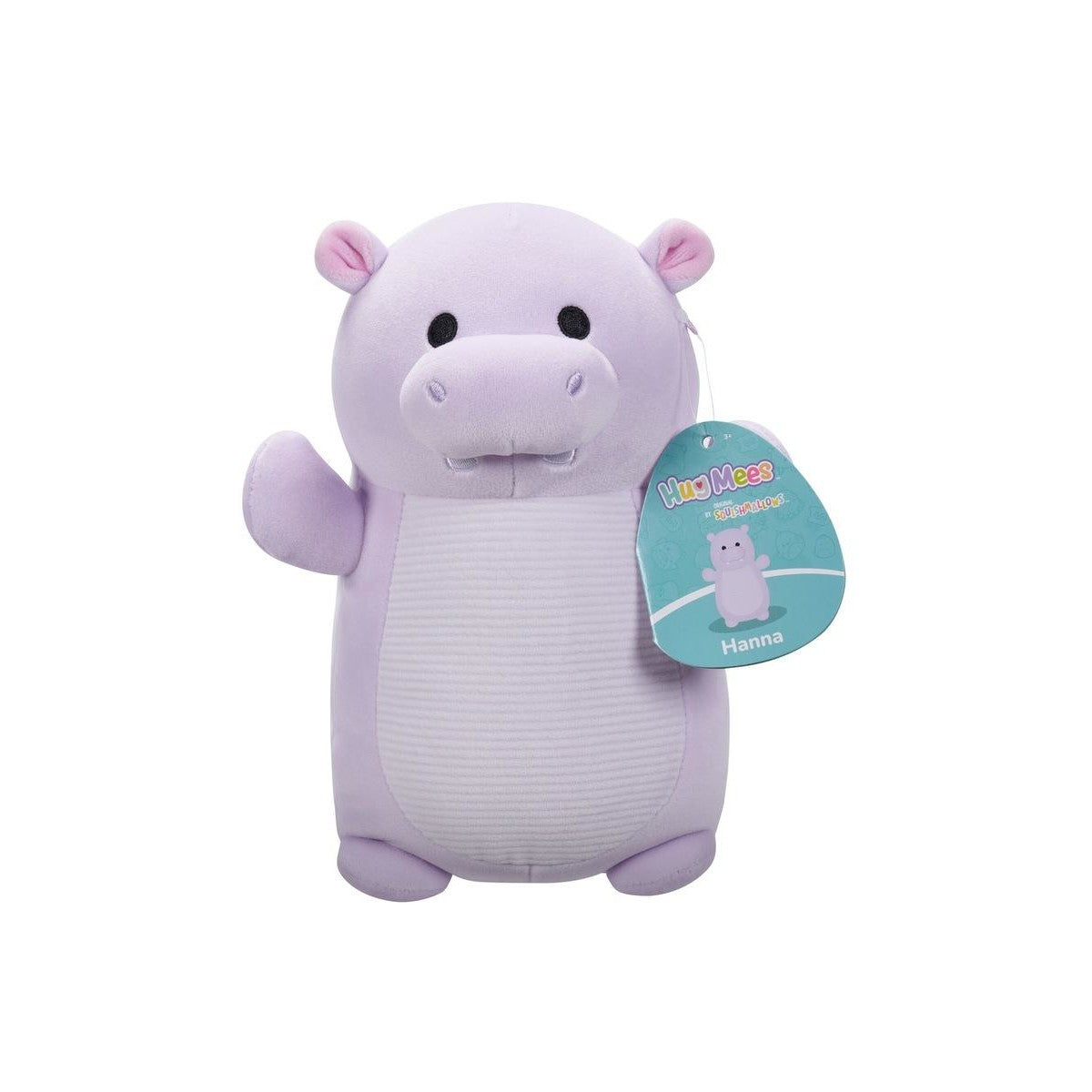 Lavender Hanna the hippo Squishmallow-style Hug Mees plush, light purple with a white belly, posing with tag