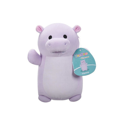 Lavender Hanna the hippo Squishmallow-style Hug Mees plush, light purple with a white belly, posing with tag