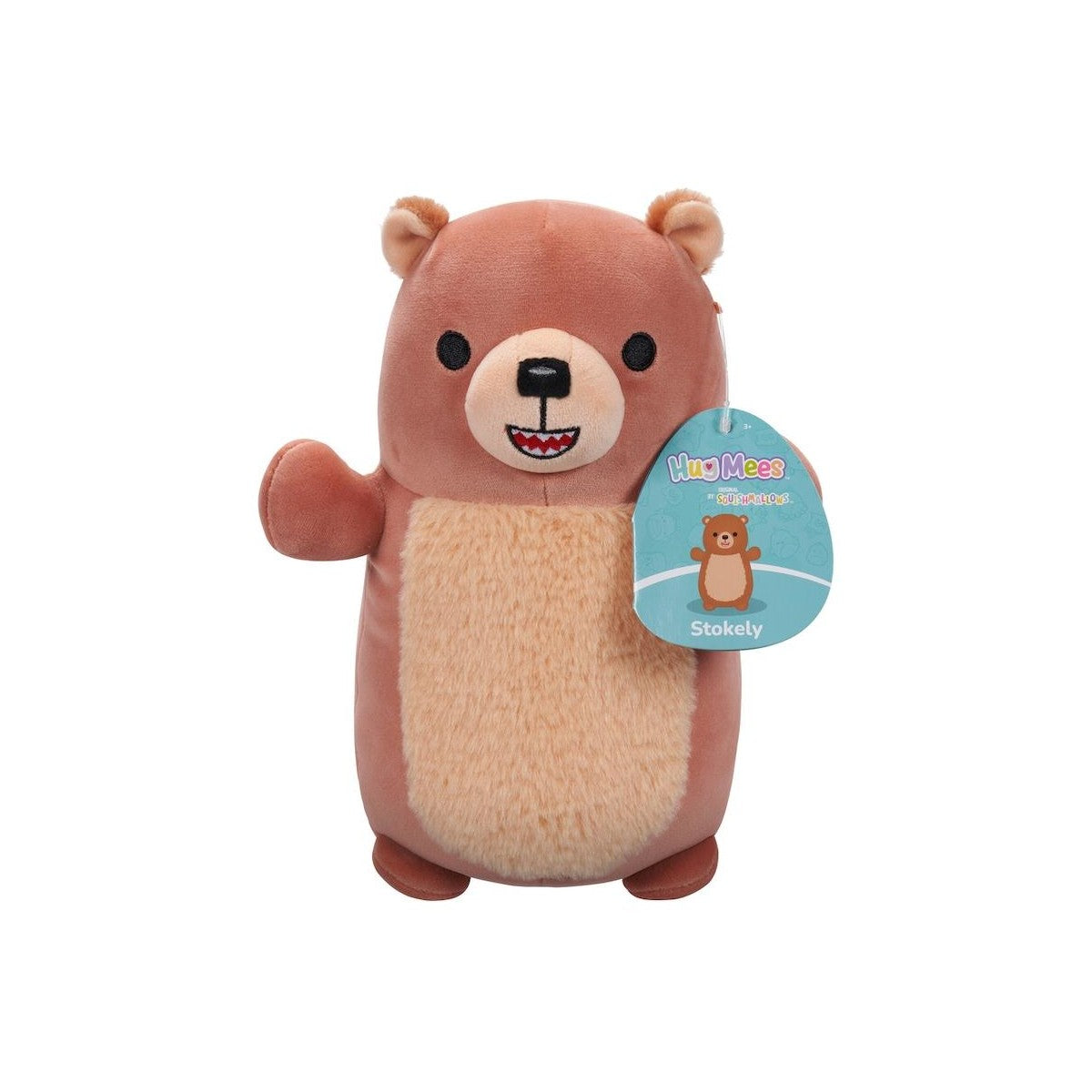 Stokely the brown bear Hug Mees plush toy, standing with a tan fuzzy belly and attached product tag