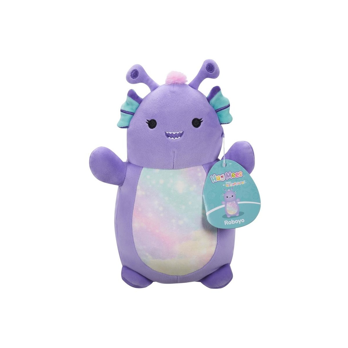 Purple Squishmallows Hug Mees monster plush, Roboyo with a pastel galaxy belly and antennae
