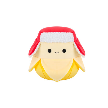 Cute plush banana toy, partially peeled, wearing a red winter hat with white sherpa trim