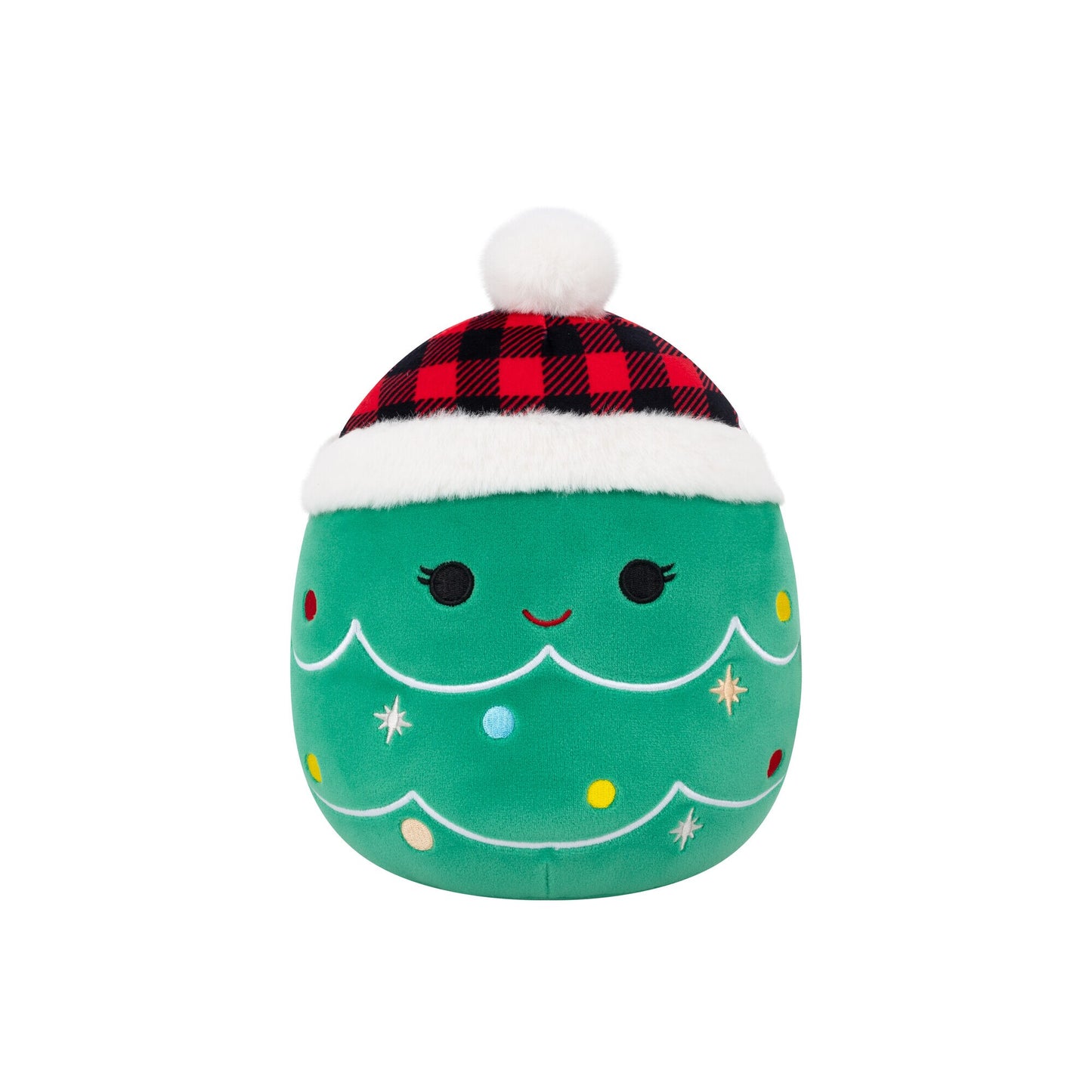 Green Christmas tree plush with a smiling face and embroidered decorations, wearing a red and black plaid Santa hat