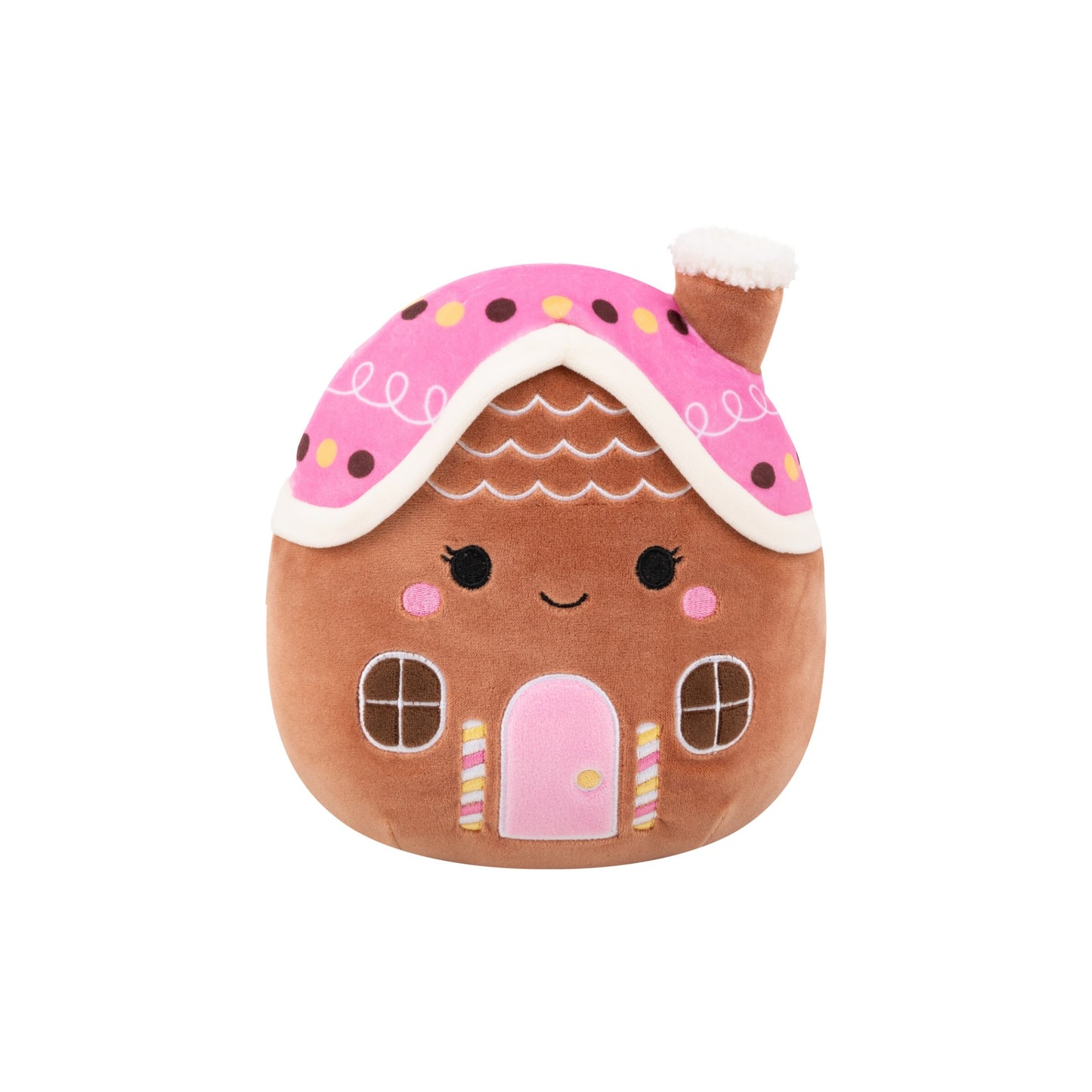 Smiling plush gingerbread house toy with a pink roof decorated with candy accents