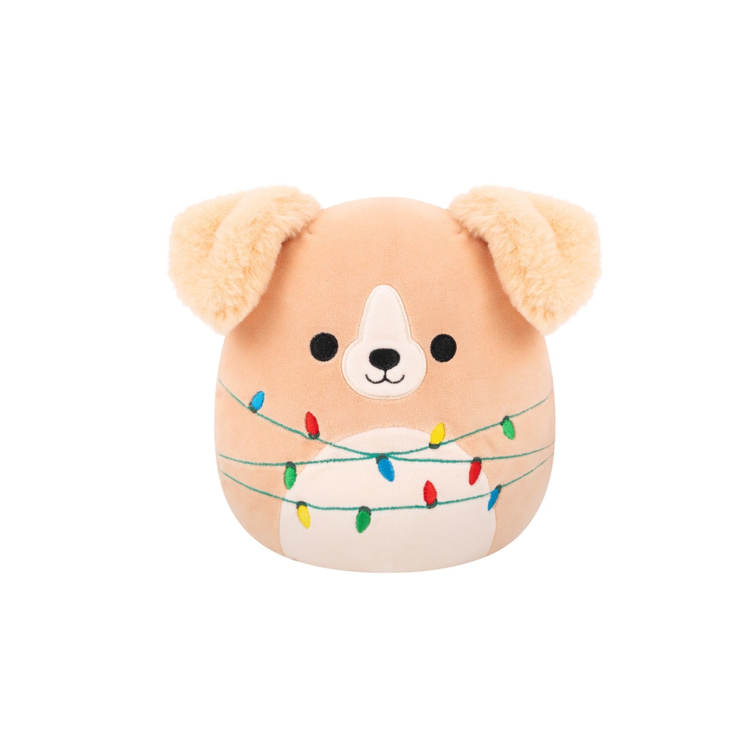 Round beige dog plush with fuzzy ears wrapped in colorful Christmas string lights