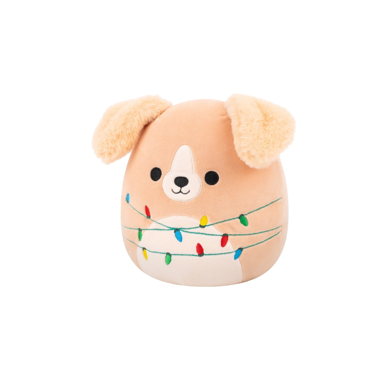 Tan plush dog with fuzzy ears wrapped in embroidered colorful Christmas lights