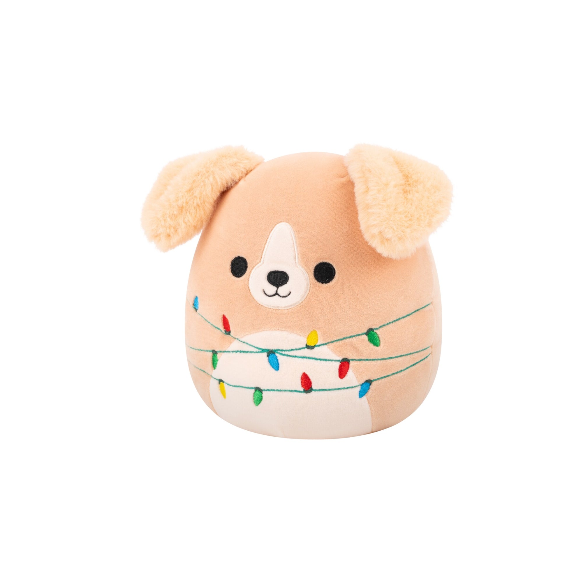 Tan plush dog with fuzzy ears wrapped in embroidered colorful Christmas lights