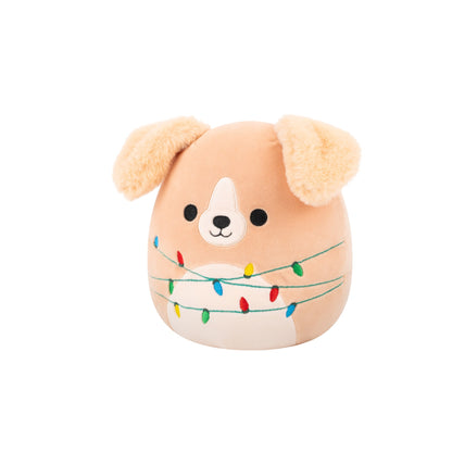 Tan plush dog with fuzzy ears wrapped in embroidered colorful Christmas lights
