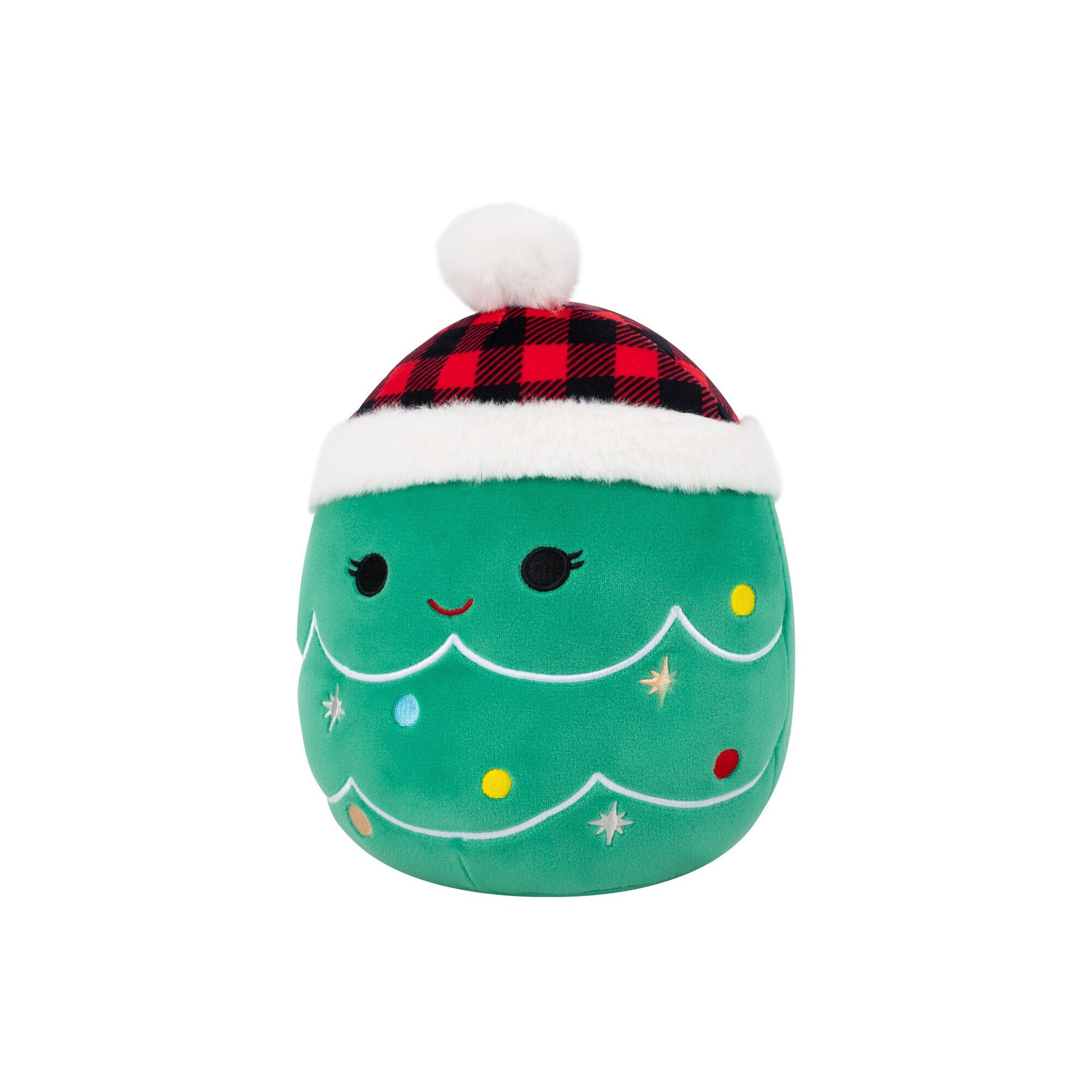 Smiling green Christmas tree plush toy decorated with lights, wearing a red plaid Santa hat