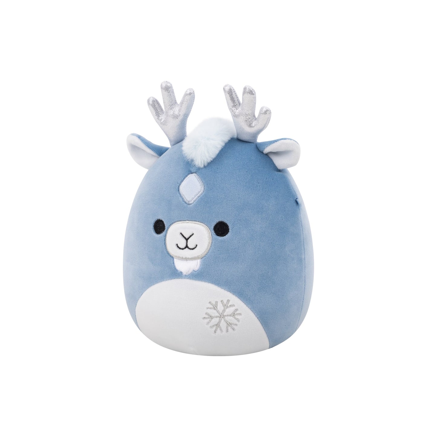 Light blue Squishmallow plush with silver reindeer antlers, a white muzzle and a stitched snowflake design