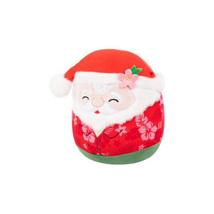 Smiling Santa plush in a red Santa hat and a red Hawaiian shirt with pink hibiscus flowers