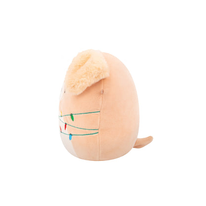 Side view of a peach plush dog with a floppy ear, embroidered with multi-colored Christmas lights