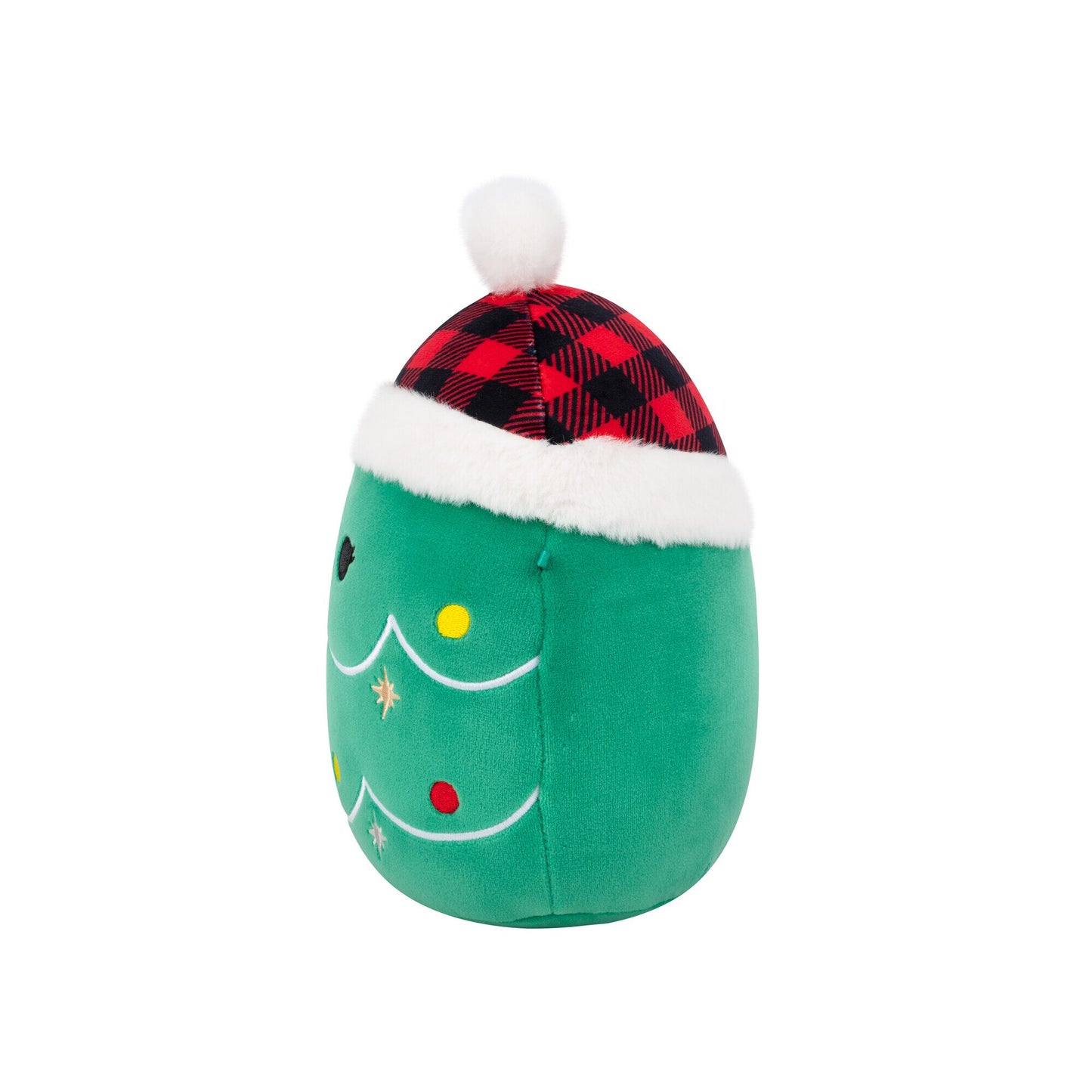 Green egg-shaped Christmas plush with embroidered lights, wearing a plaid Santa hat