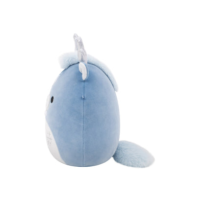 Light blue, round plush toy with a silver horn, fluffy tail and embroidered snowflake detail, seen in profile