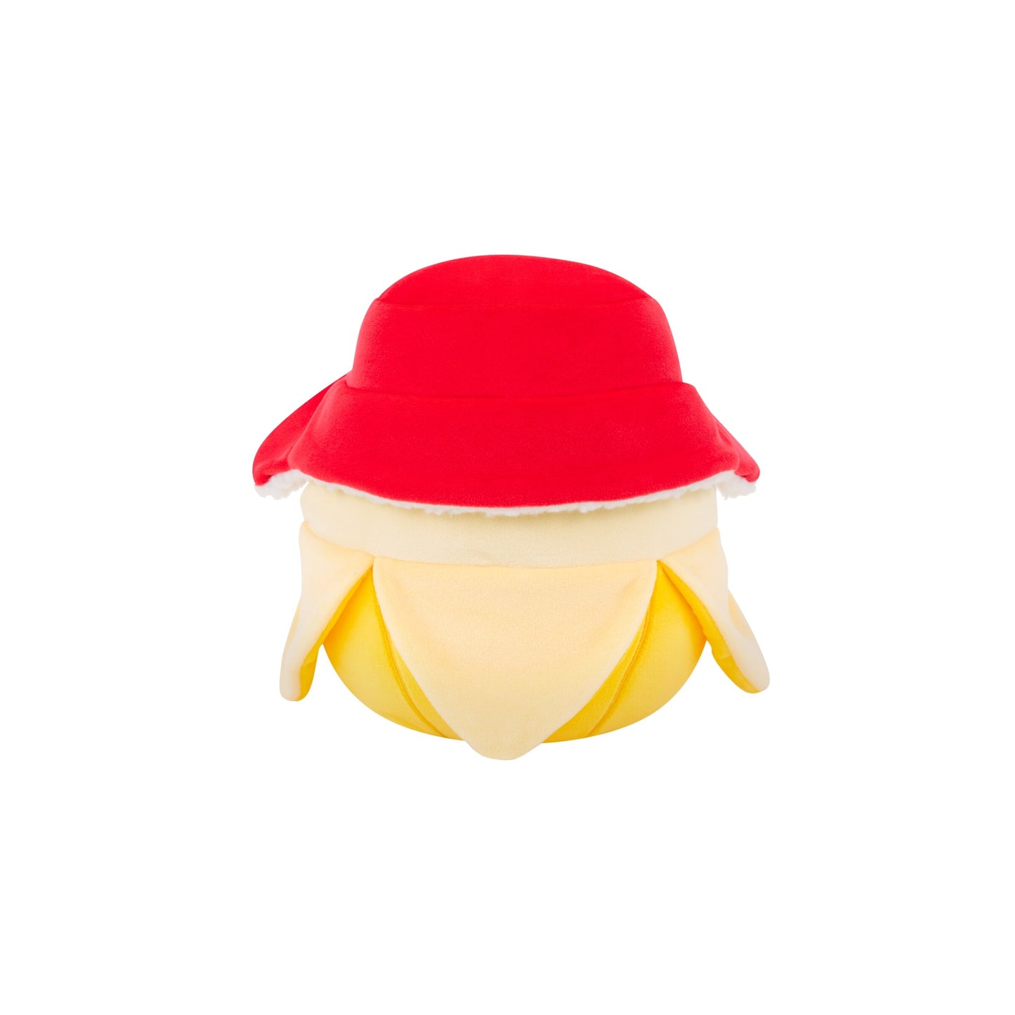 Yellow plush figure (banana shape) wearing a red fuzzy hat with a white trim