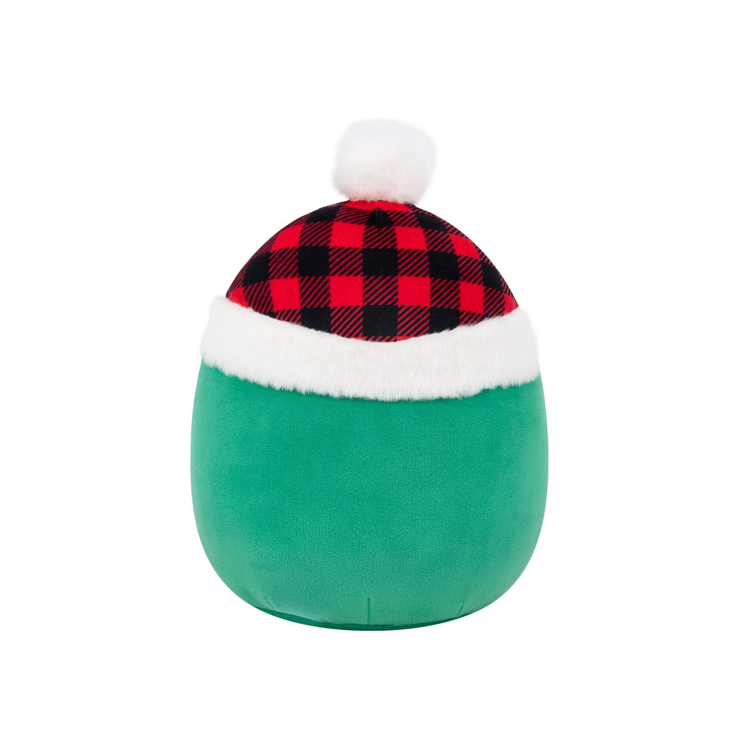 Green plush with red and black plaid holiday hat, white fur trim and pom-pom