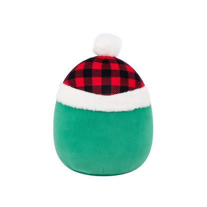 Green plush with red and black plaid holiday hat, white fur trim and pom-pom