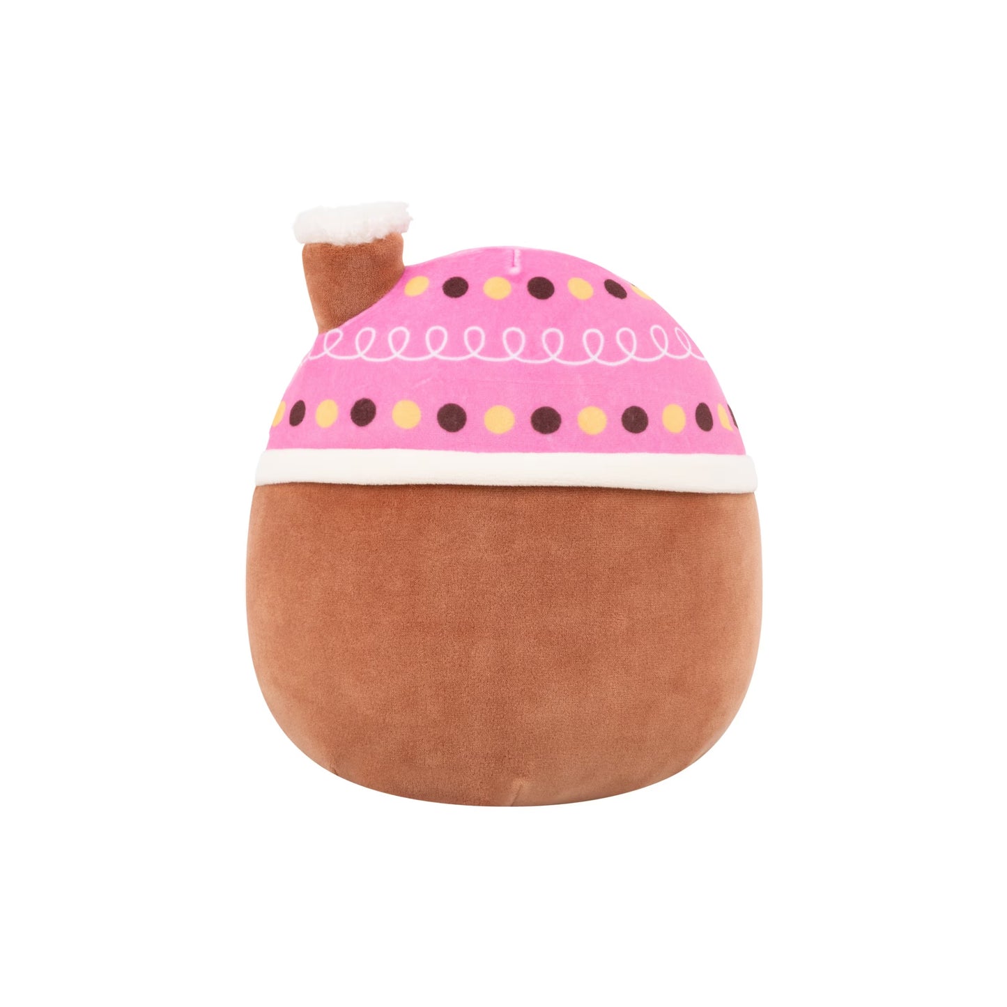 Brown plush toy with a pink, dotted dome top and a fuzzy white-tipped chimney