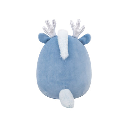 Round, blue plush toy (back view) with silver antlers, white furry mane and tail