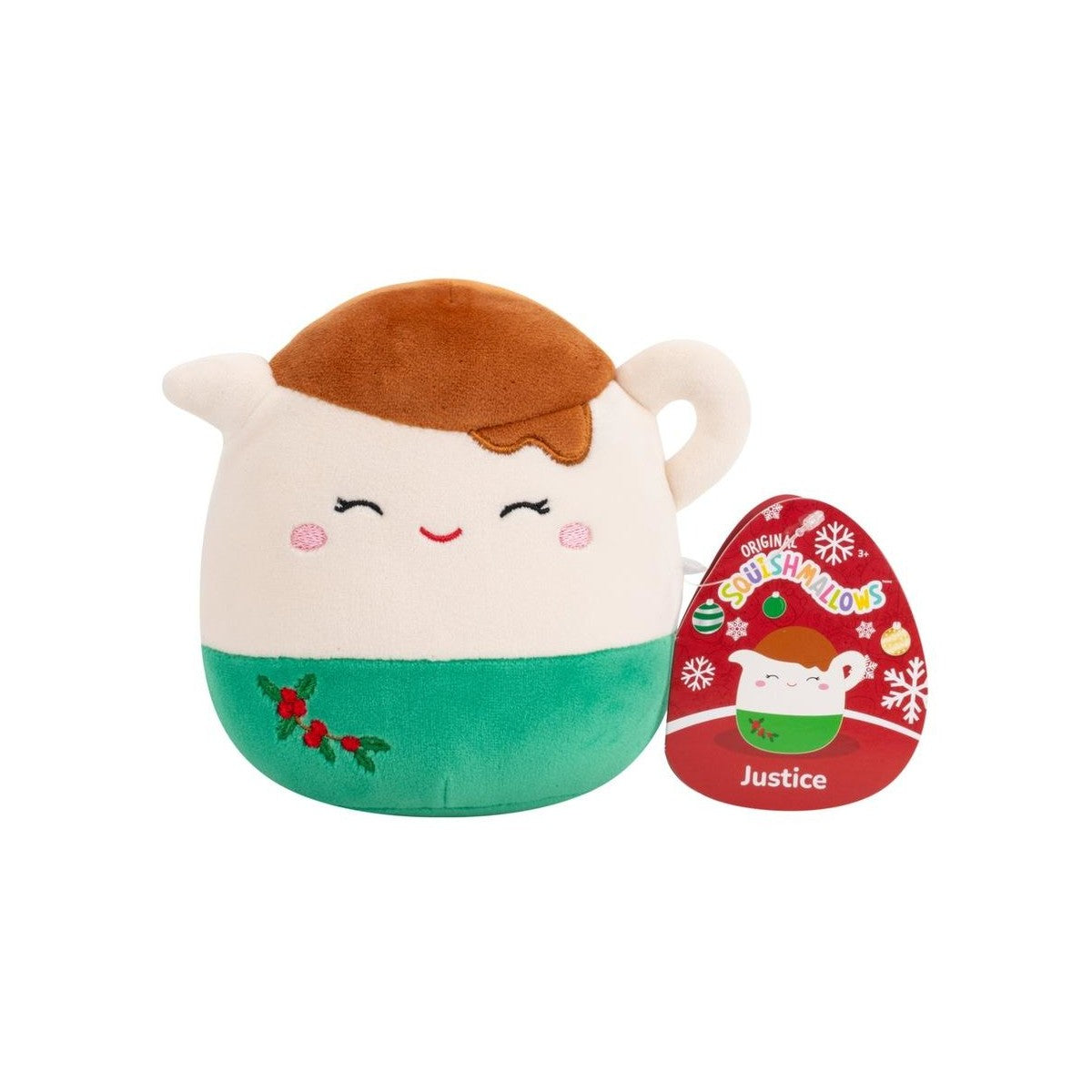 Squishmallow Justice, a plush creamer pitcher with a smiling face, brown topping, green base and embroidered holly berries