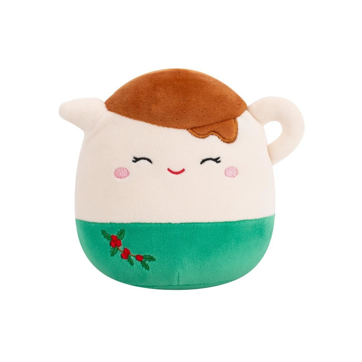 Smiling plush holiday pitcher/creamer, cream and green, featuring a brown top and embroidered holly
