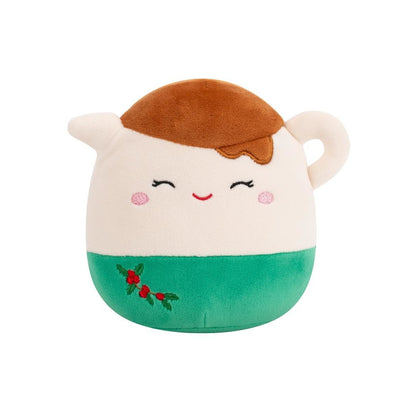 Smiling plush holiday pitcher/creamer, cream and green, featuring a brown top and embroidered holly