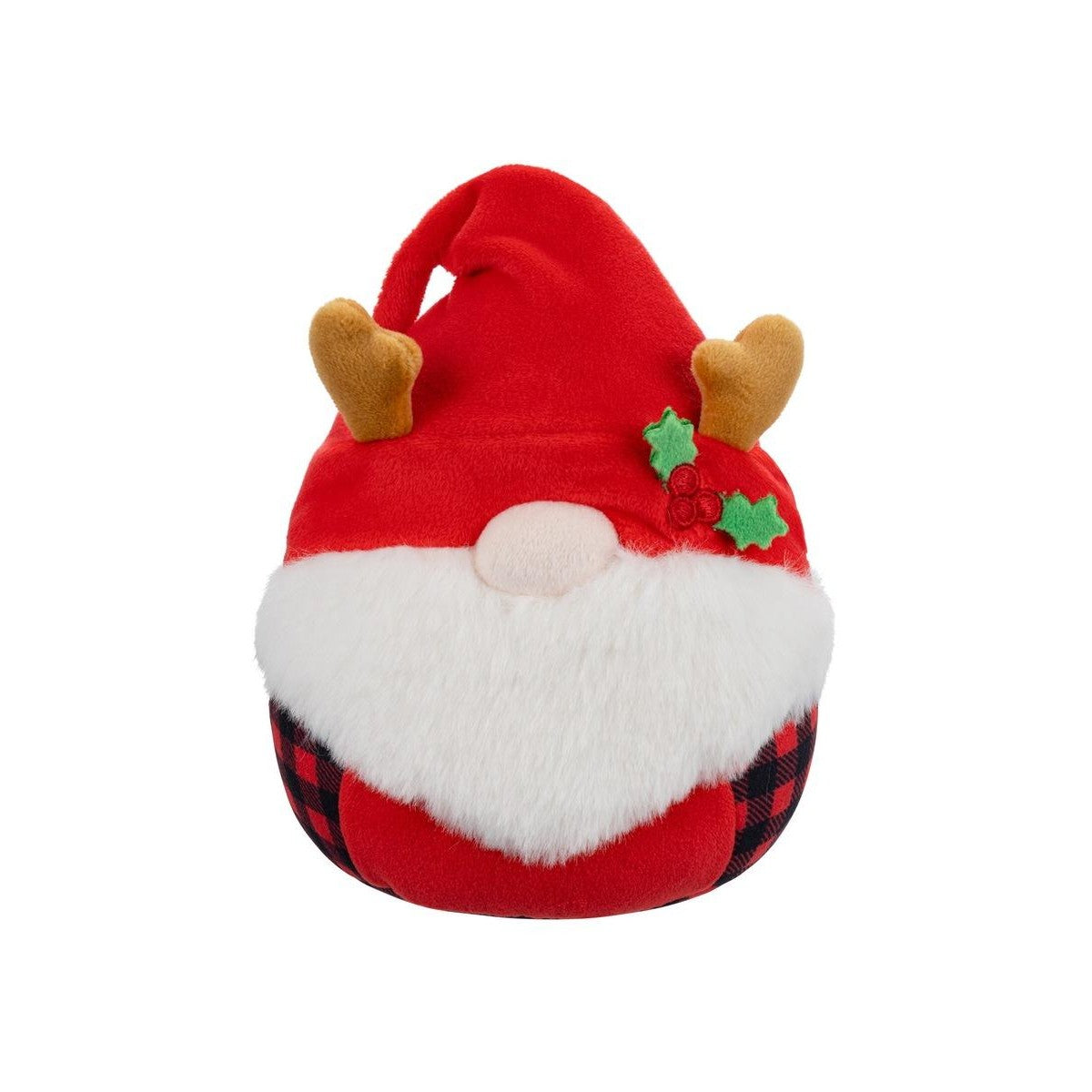 Festive gnome plush wearing a red hat, white beard, brown antlers and red plaid fabric
