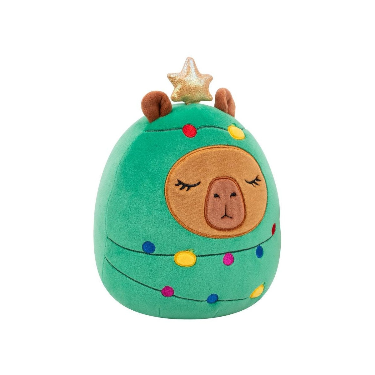 Plush llama in a green Christmas tree costume, decorated with colorful lights and a gold star