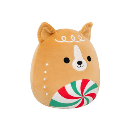 Tan, gingerbread-style dog plush with white icing details and a large red/green peppermint candy design on its belly