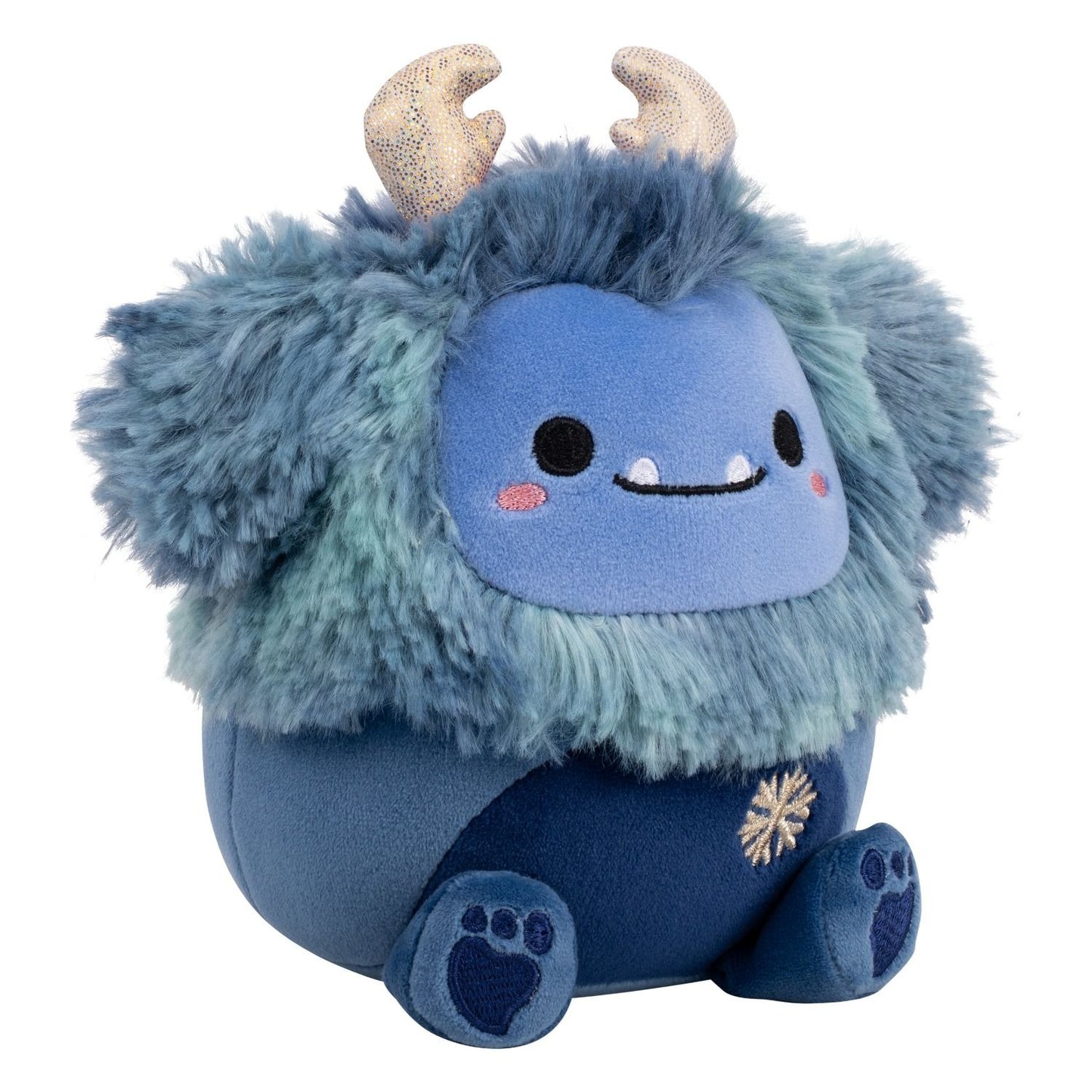 A blue fuzzy Yeti plush toy, with tiny glitter horns, a happy face and an embroidered snowflake