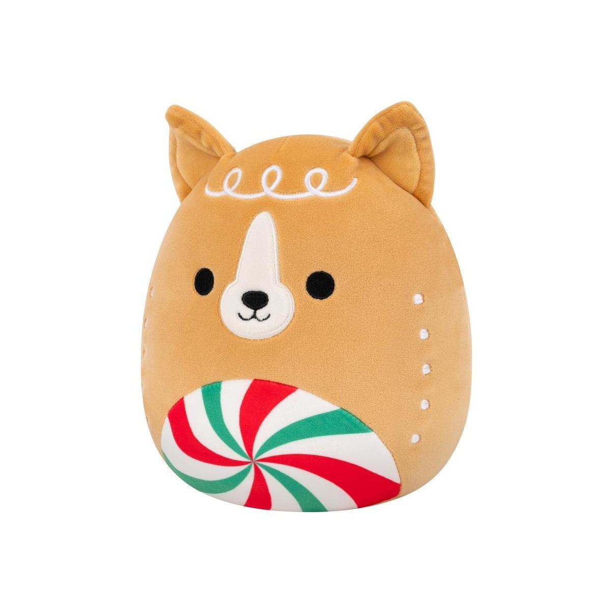 Gingerbread dog plush with white icing details and a large red/green peppermint candy swirl design