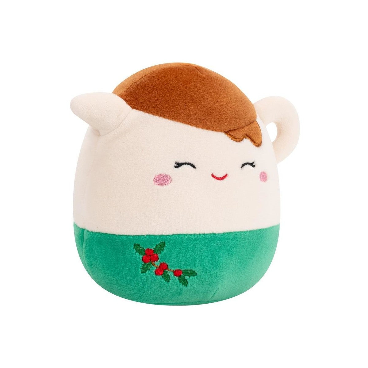 Round smiling plush toy shaped like a holiday mug. Features brown foam, green bottom and holly embroidery