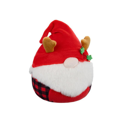 Plush Christmas gnome decoration with a red hat, large white beard and buffalo plaid fabric base