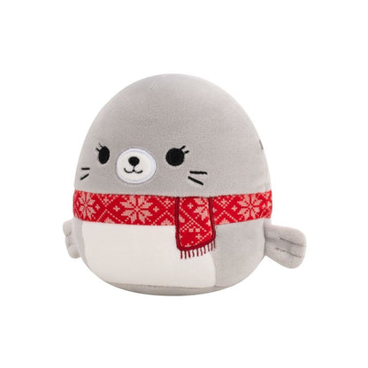 Gray seal plush toy with a white belly, wearing a red snowflake scarf