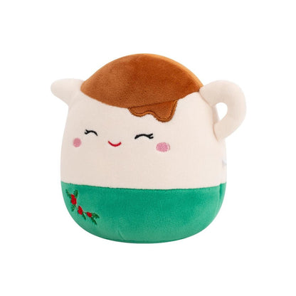 Smiling plush coffee pot toy, cream and green, with brown top, handle and festive holly detail