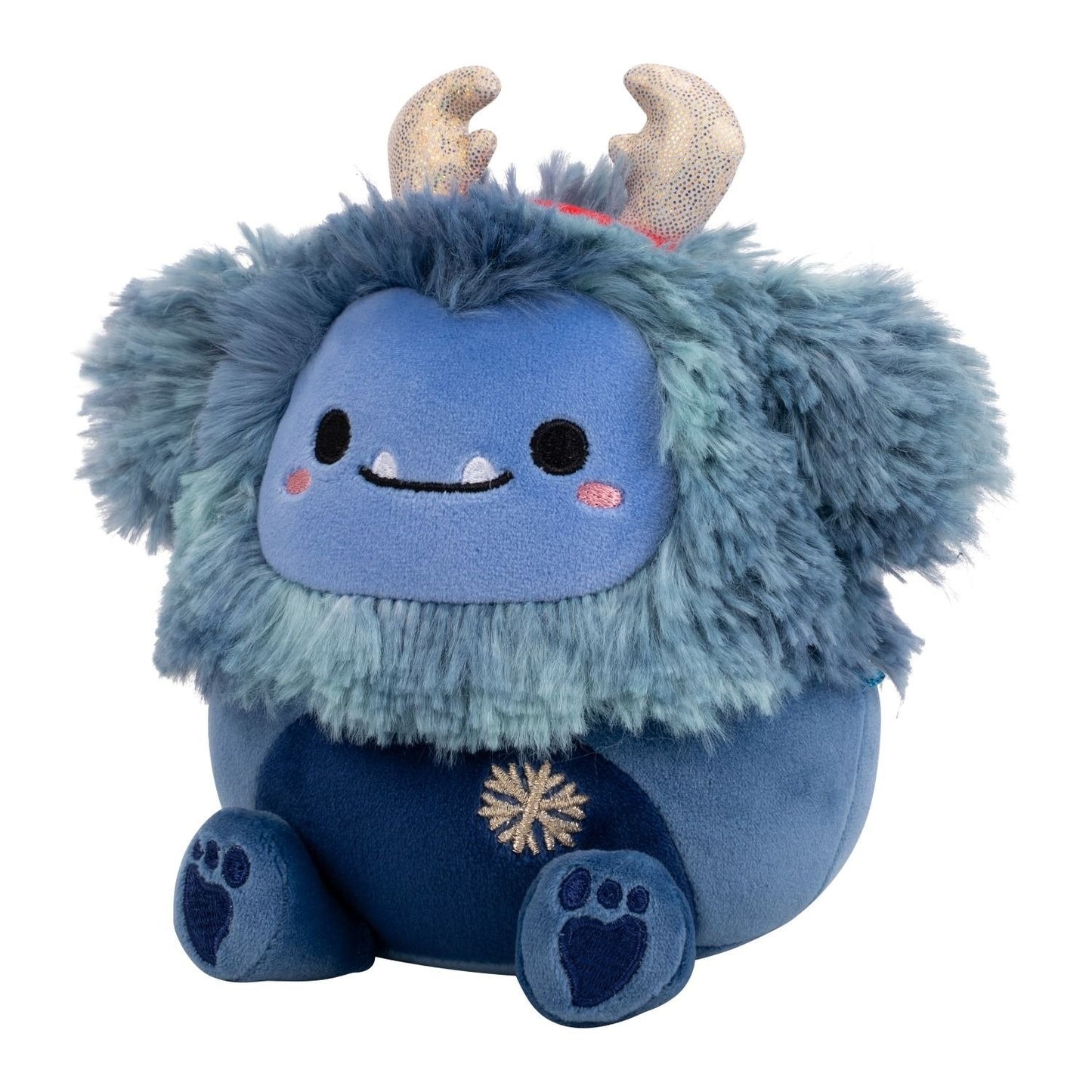 Blue, fluffy Yeti plush toy with sparkly horns, a wide smile and a gold embroidered snowflake