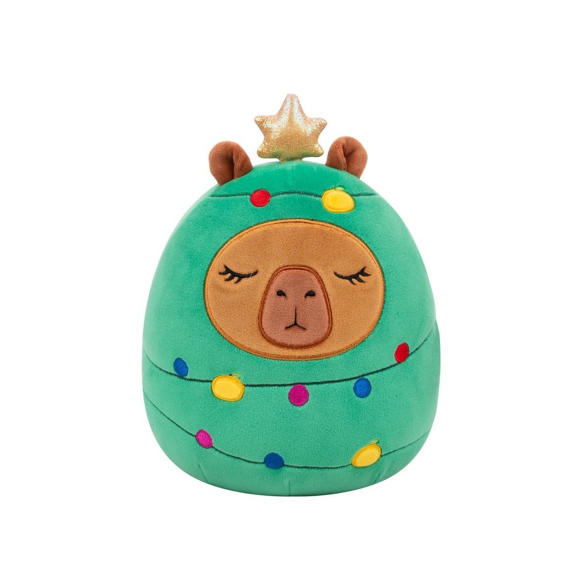 Green plush toy, shaped like a Christmas tree with lights and a star, revealing a sleeping llama face