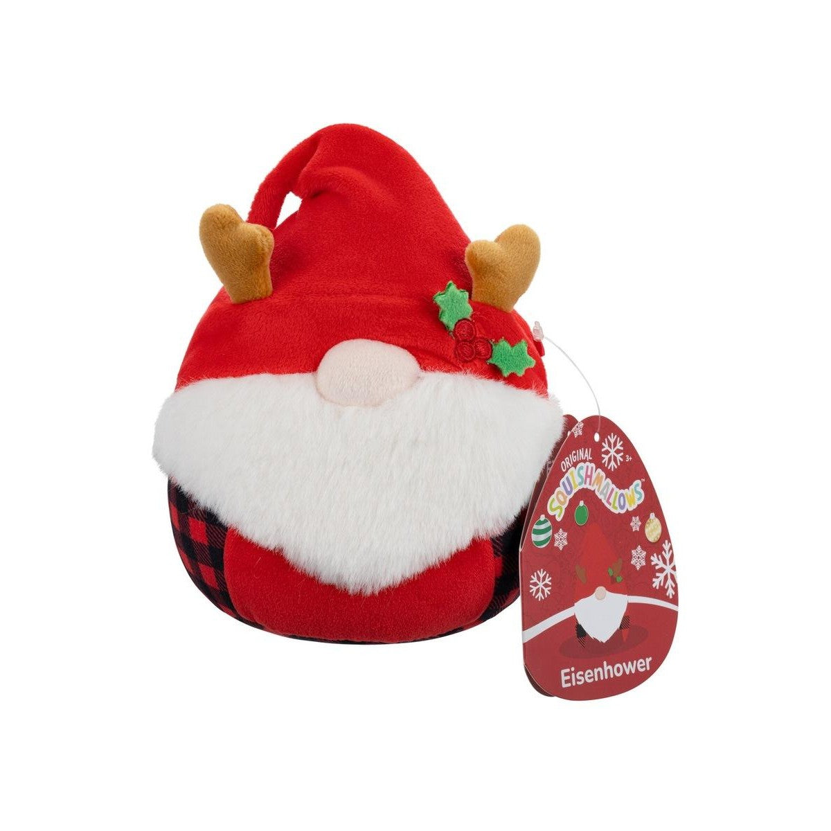 Squishmallow Eisenhower Christmas gnome plush with red hat, white beard, reindeer antlers and visible tag