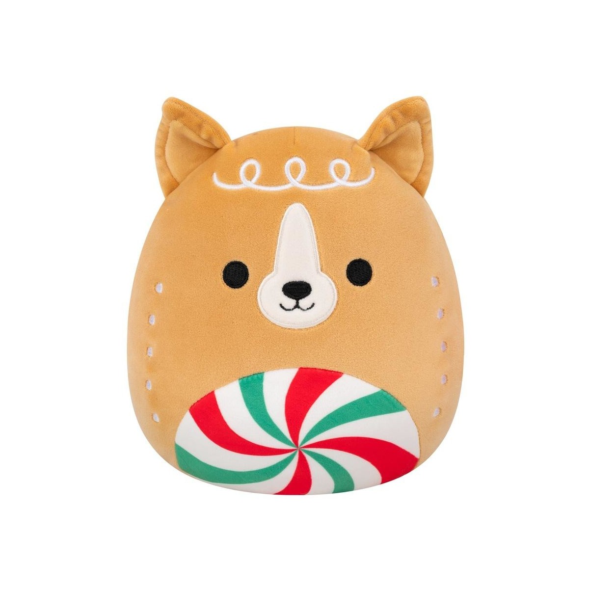 Gingerbread animal plush decorated with white frosting and a large red, white and green peppermint swirl