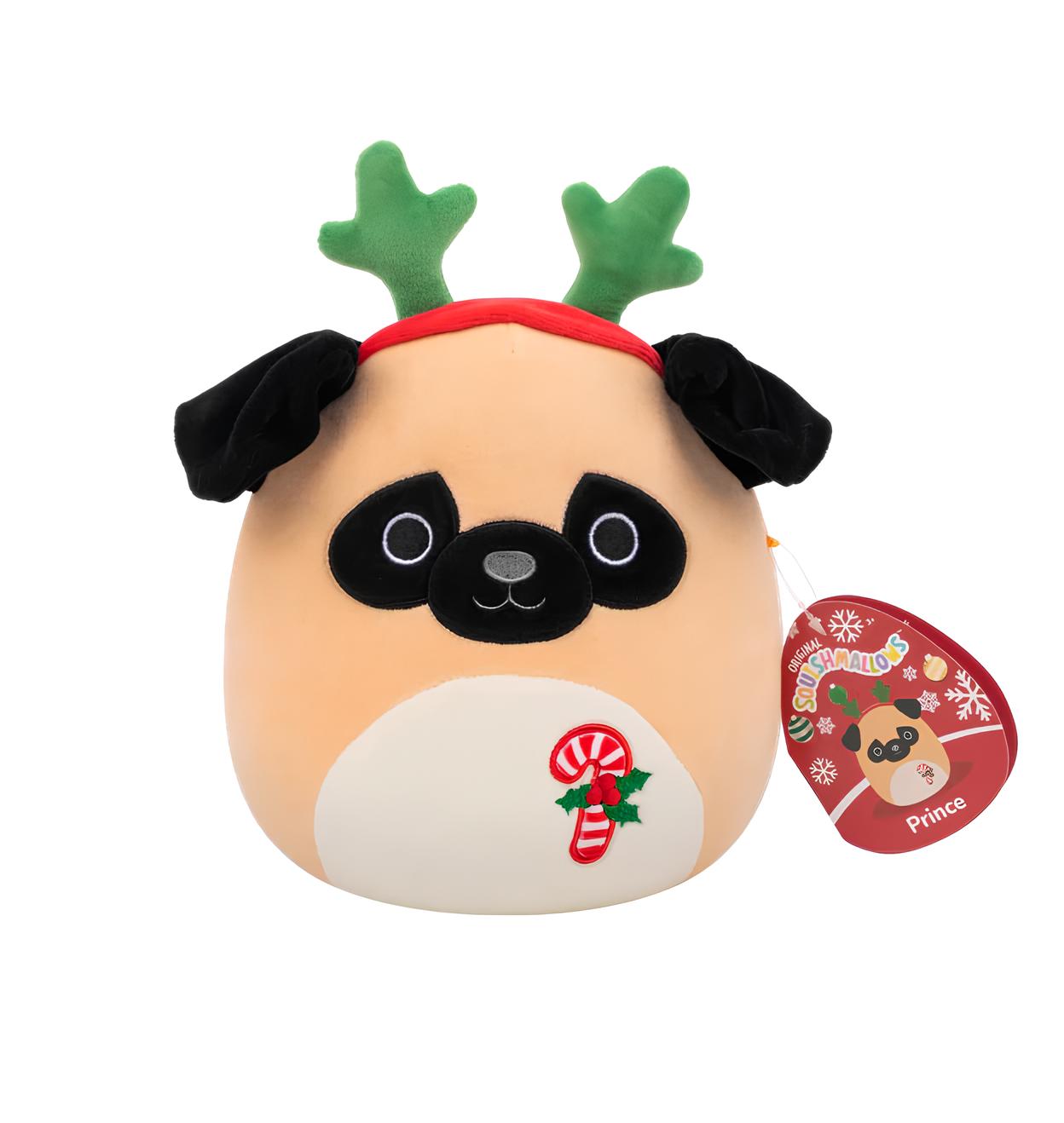 Christmas Pug Squishmallow plush, Prince, wearing reindeer antlers and featuring a candy cane emblem