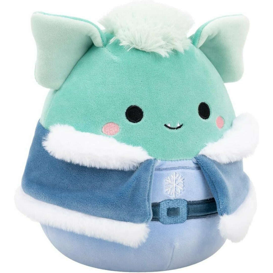 Mint green plush toy wearing a blue winter coat with white fur trim and a snowflake detail