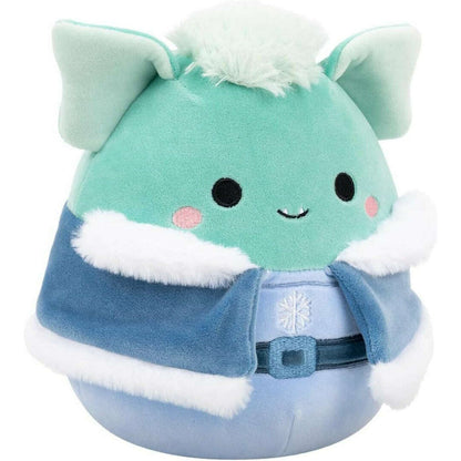 Mint green plush toy wearing a blue winter coat with white fur trim and a snowflake detail